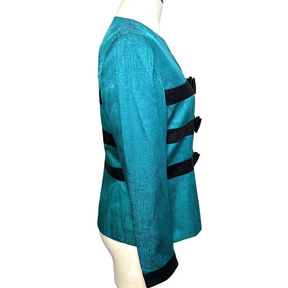 Adrianna Papell Silk Blazer Jacket Green Black Bows 8P - Picture 4 of 13